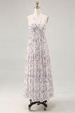 Blue Flower A-Line Halter Chiffon Midi Dress with Lace Up Back