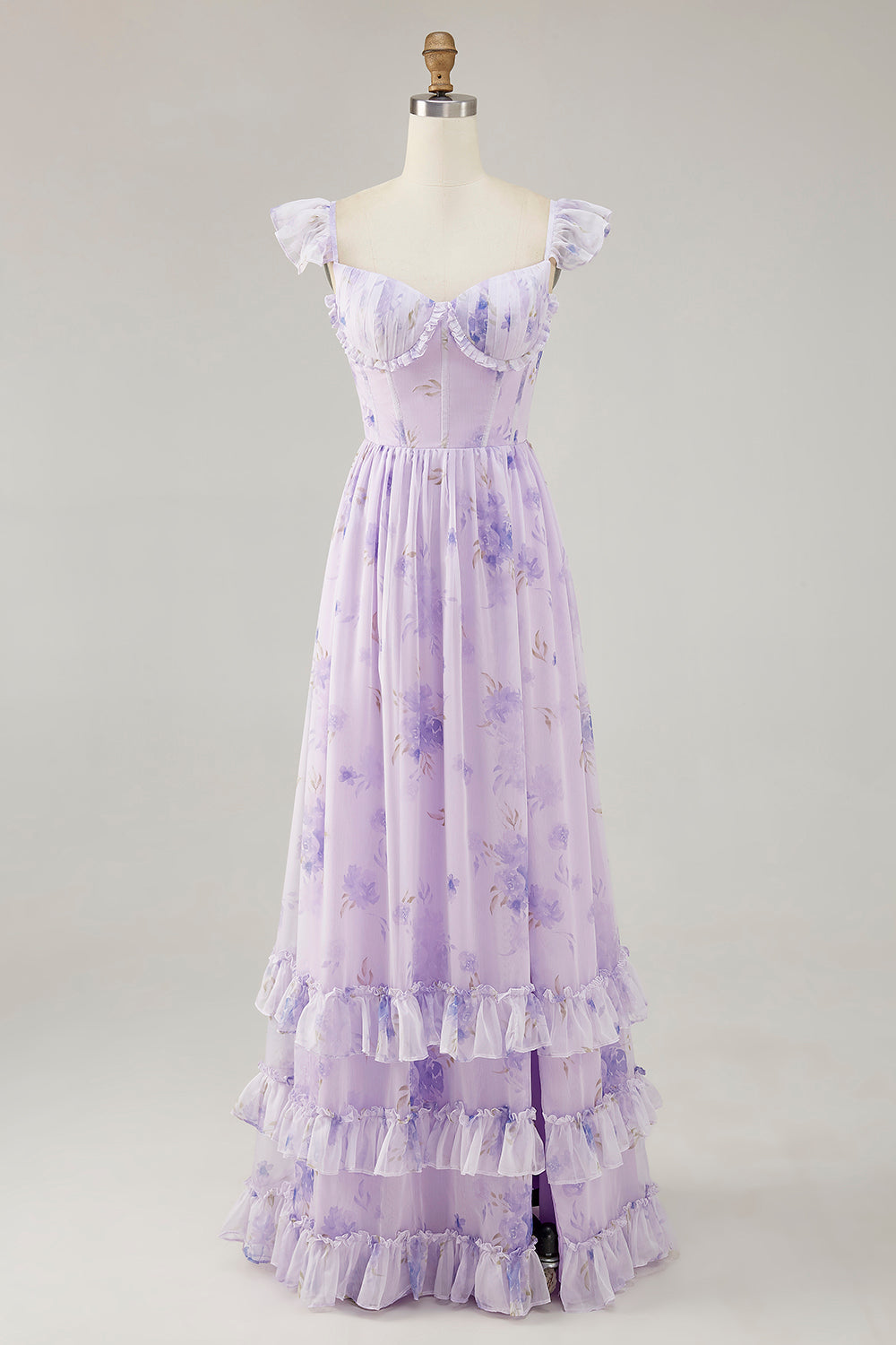 Lavender A-line Corset Lace Up Back Print Long Bridesmaid Dress with Slit