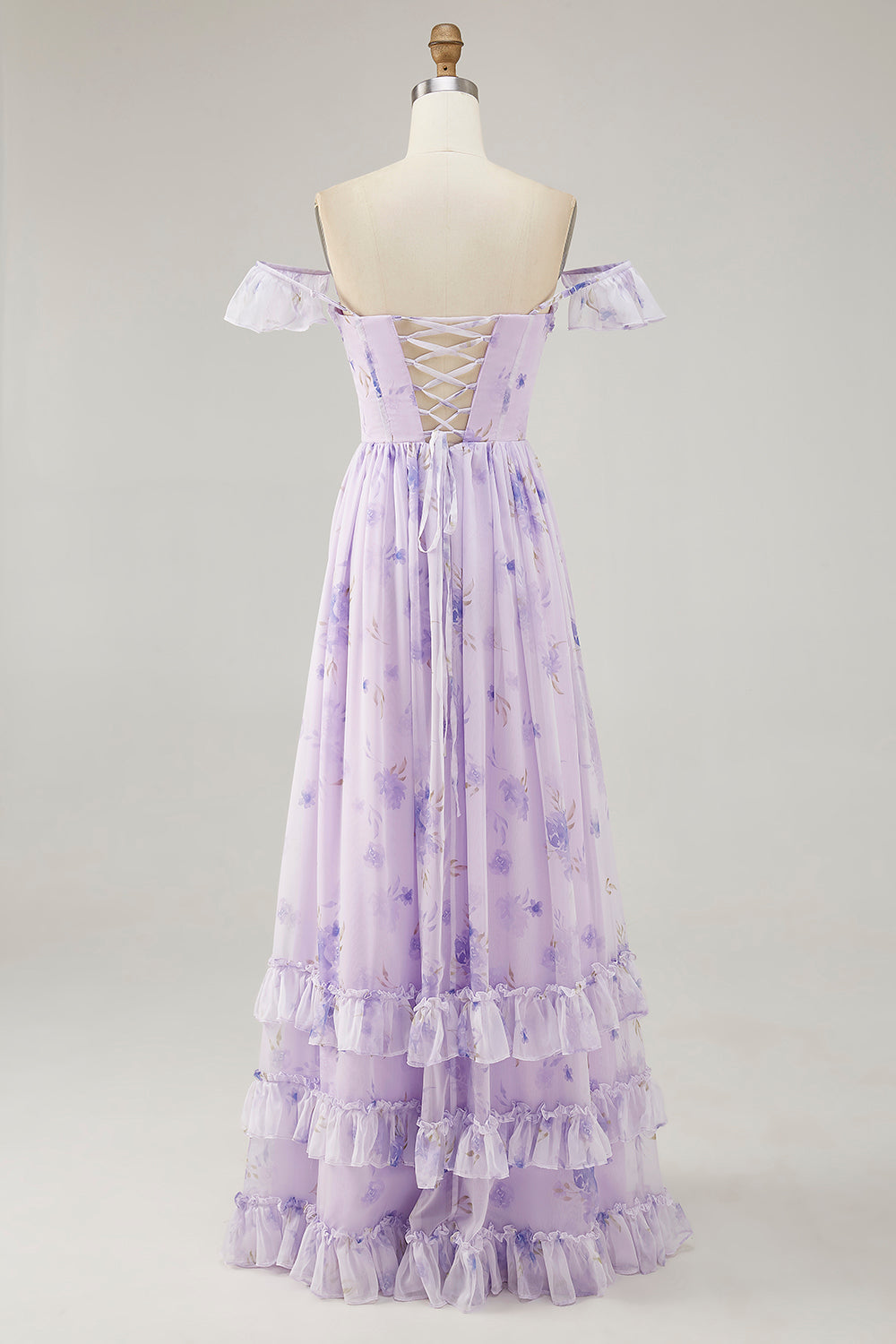 Lavender A-line Corset Lace Up Back Print Long Bridesmaid Dress with Slit