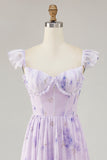 Lavender A-line Corset Lace Up Back Print Long Bridesmaid Dress with Slit