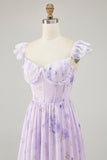 Lavender A-line Corset Lace Up Back Print Long Bridesmaid Dress with Slit