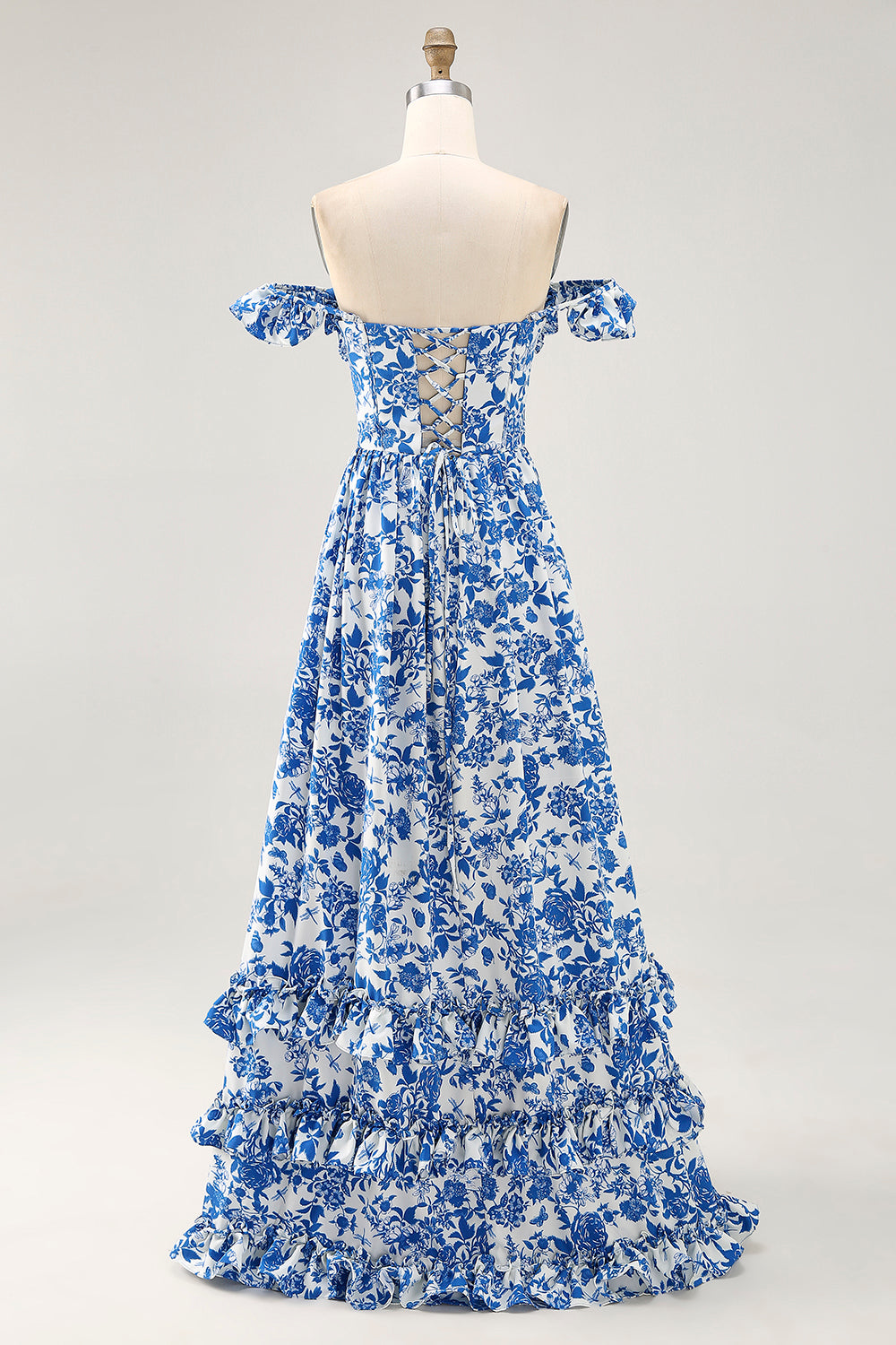 Blue Flower A-line Off The Shoulder Ruched Long Bridesmaid Dress with Slit