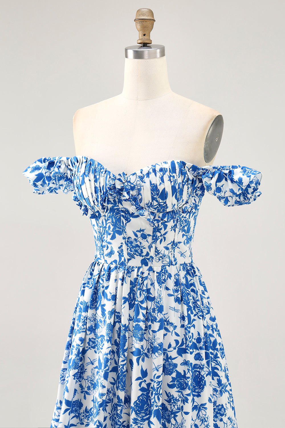 Blue Flower A-line Off The Shoulder Ruched Long Bridesmaid Dress with Slit