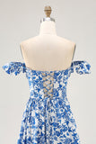 Blue Flower A-line Off The Shoulder Ruched Long Bridesmaid Dress with Slit