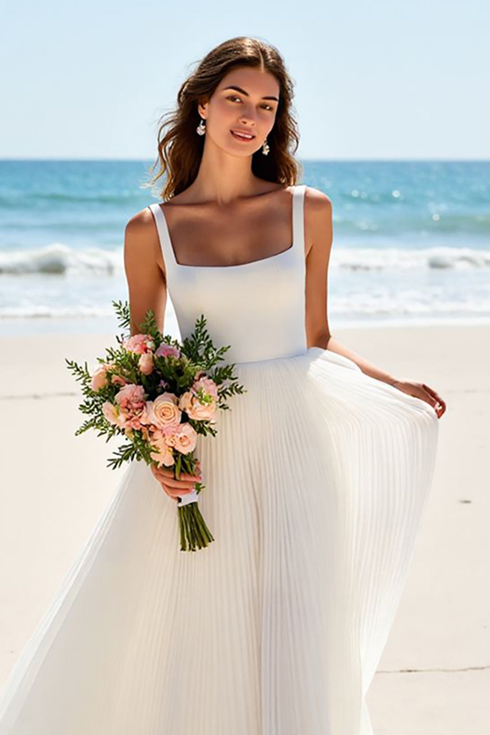 A Line Square Neck Long Ivory Wedding Dress
