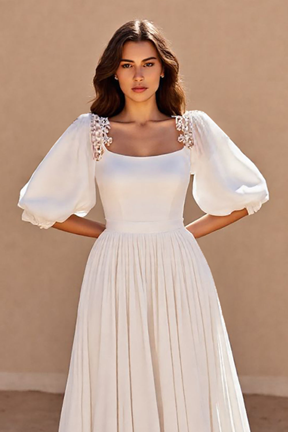 A Line Puff Sleeve Square Neck Ivory Wedding Dress