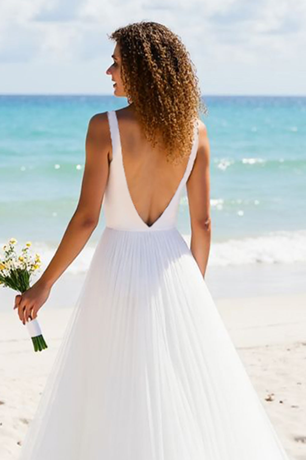 Simple Ivory V Neck A Line Wedding Dress