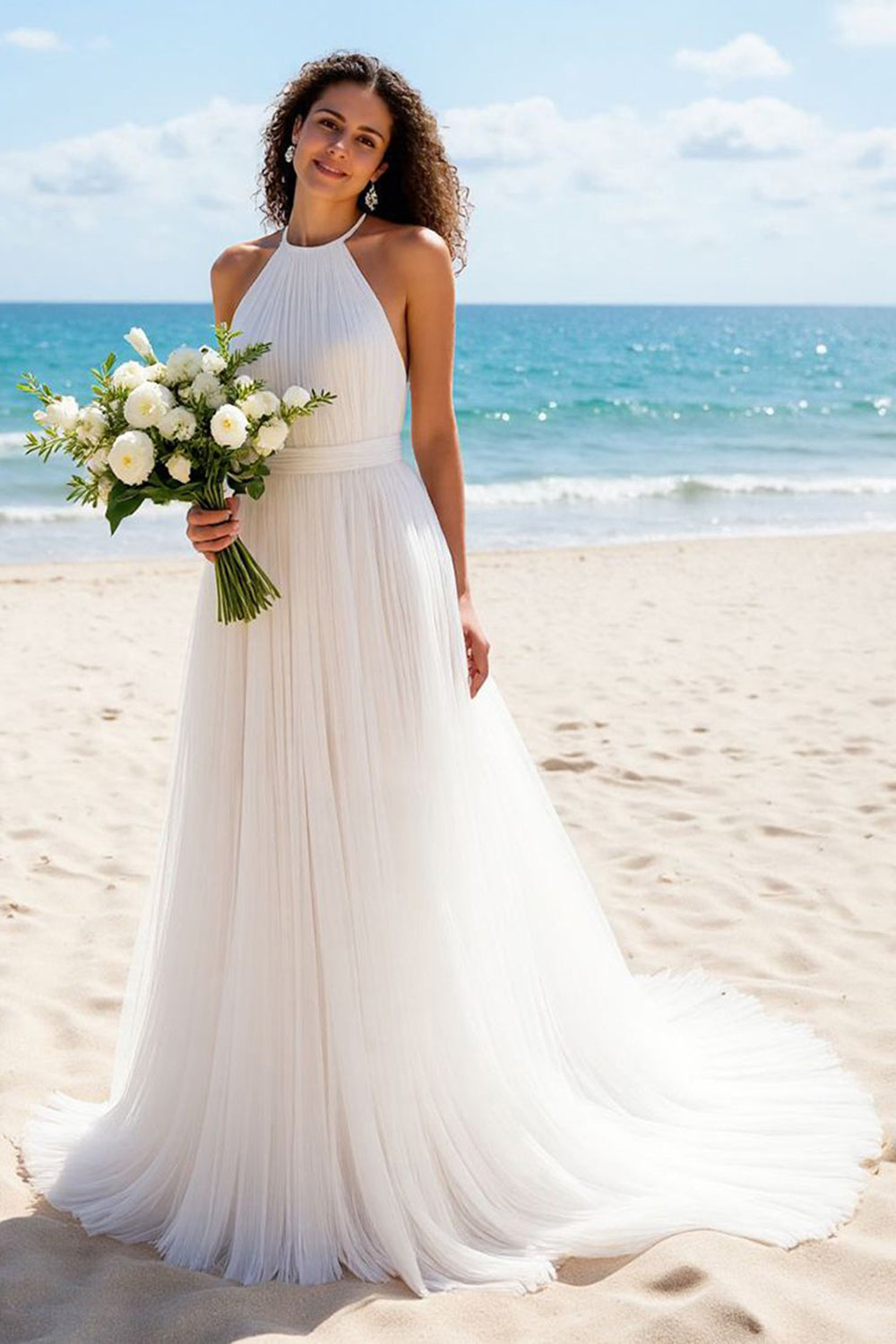 Halter Pleated A Line Ivory Wedding Dress