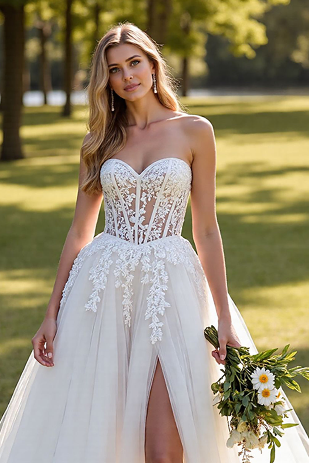 A Line Sweetheart Appliqued Ivory Wedding Dress With Slit