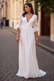 Simple Ivory Half Sleeve V Neck Wedding Dress