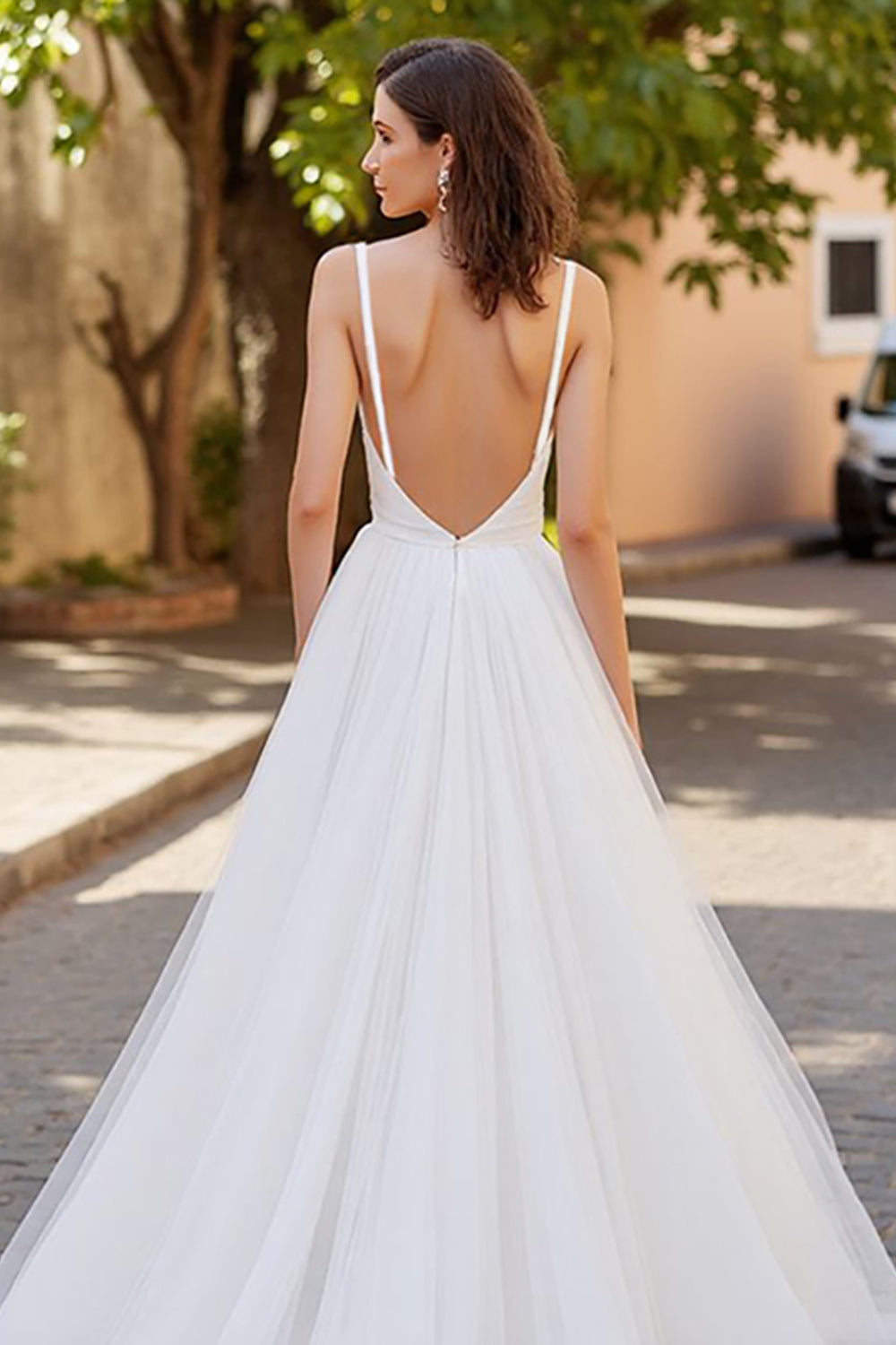 Ivory V Neck Tulle A Line Wedding Dress