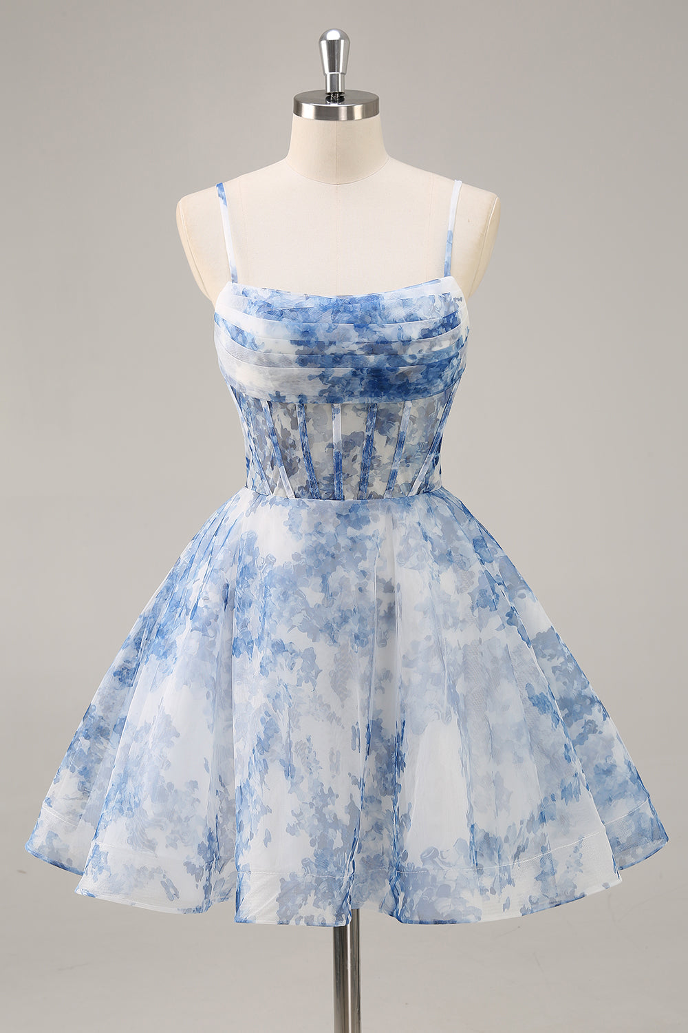 A Line White Blue Flower Corset Printed Short Prom Dress