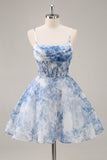 A Line White Blue Flower Corset Printed Short Prom Dress