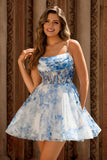 A Line White Blue Flower Corset Printed Short Prom Dress