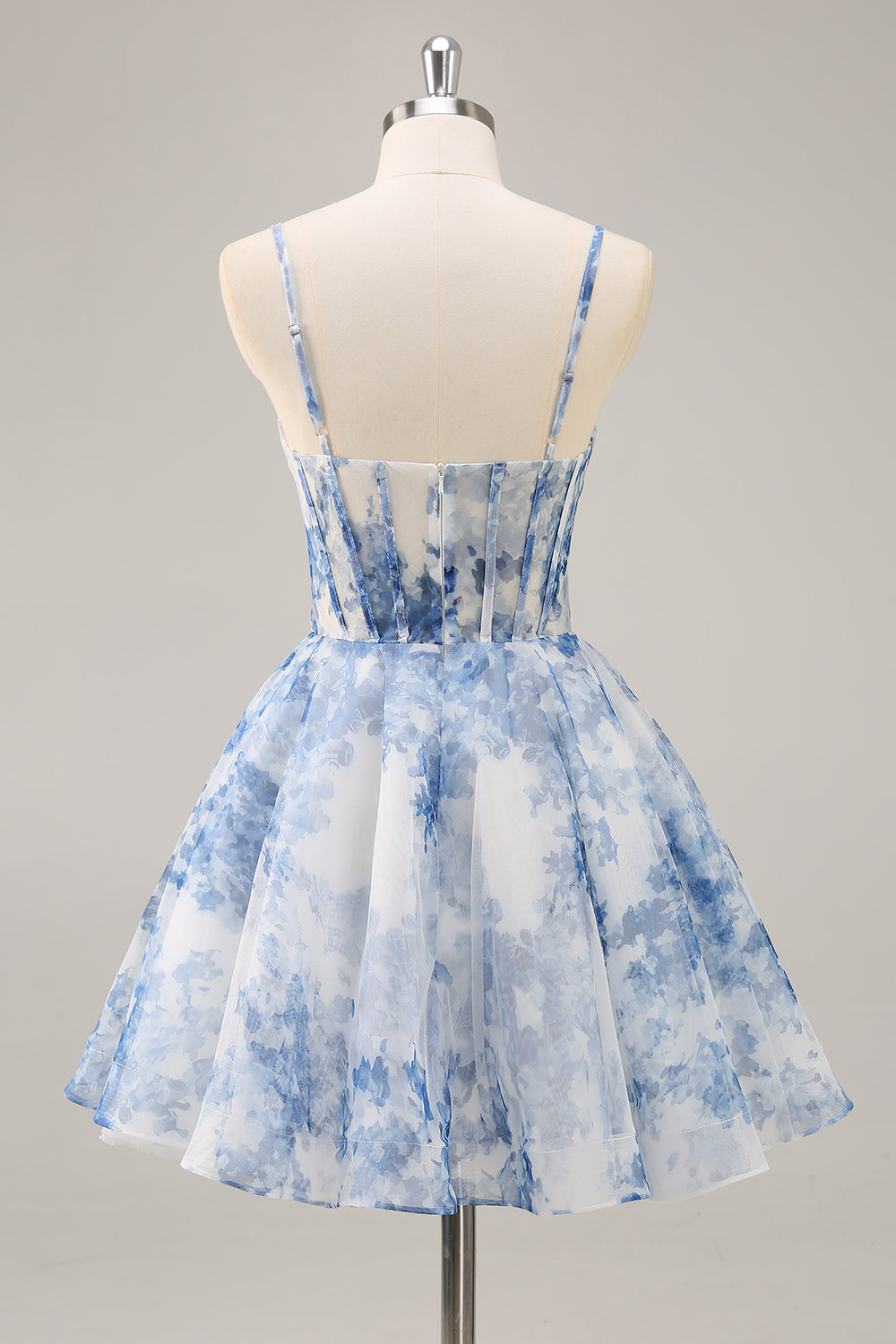 A Line White Blue Flower Corset Printed Short Prom Dress