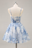 A Line White Blue Flower Corset Printed Short Prom Dress