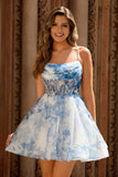 A Line White Blue Flower Corset Printed Short Prom Dress