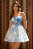 A Line White Blue Flower Corset Printed Short Prom Dress