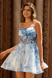 A Line White Blue Flower Corset Printed Short Prom Dress