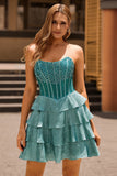 Peacock Green A-Line Corset Tiered Strapless Short Prom Dress