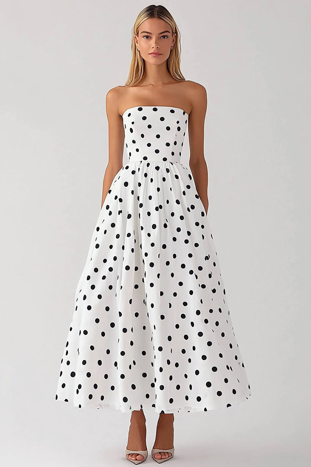 A Line Strapless White Black Dot Midi Graduation Dress