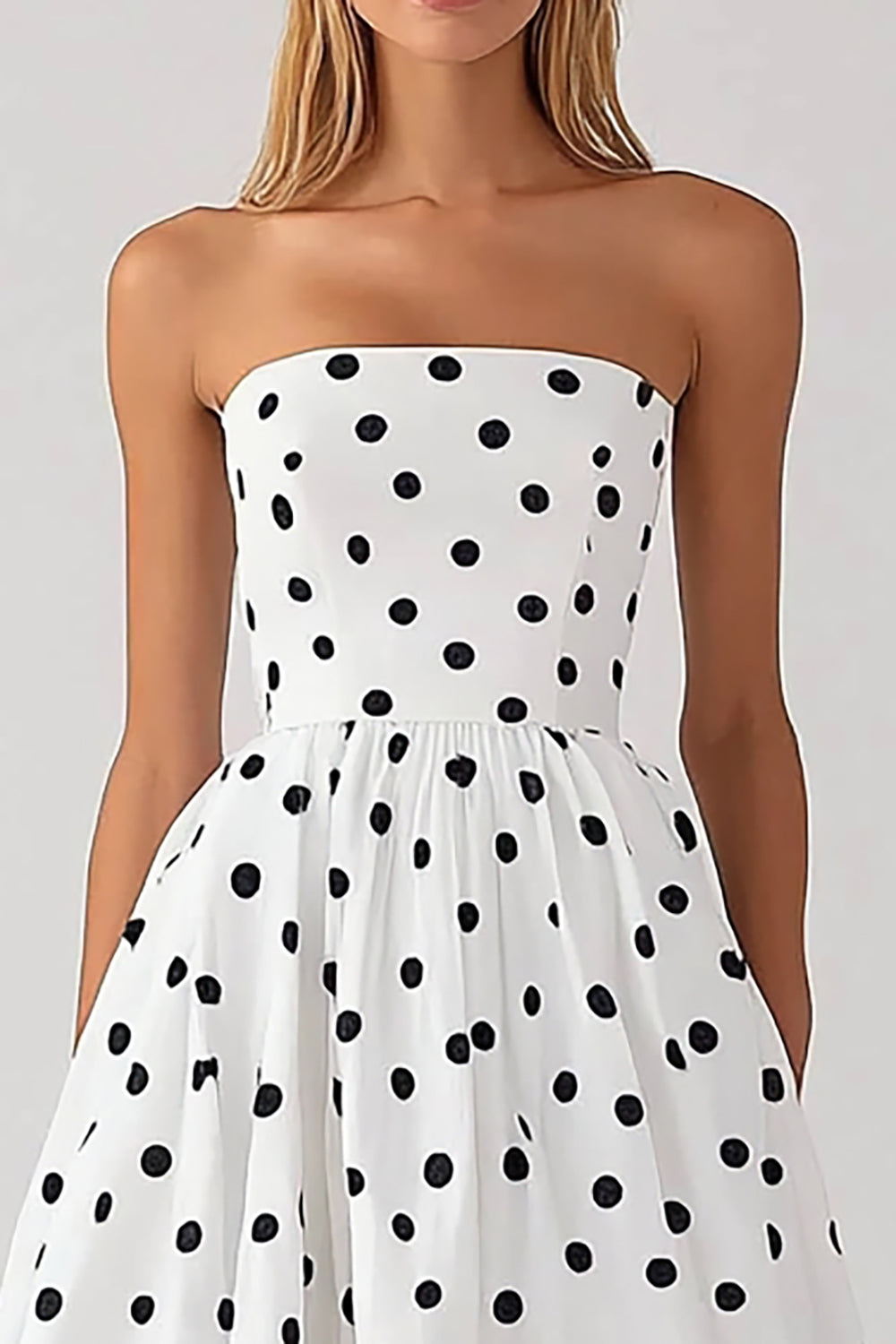 A Line Strapless White Black Dot Midi Graduation Dress