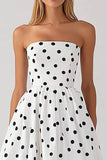 A Line Strapless White Black Dot Midi Graduation Dress