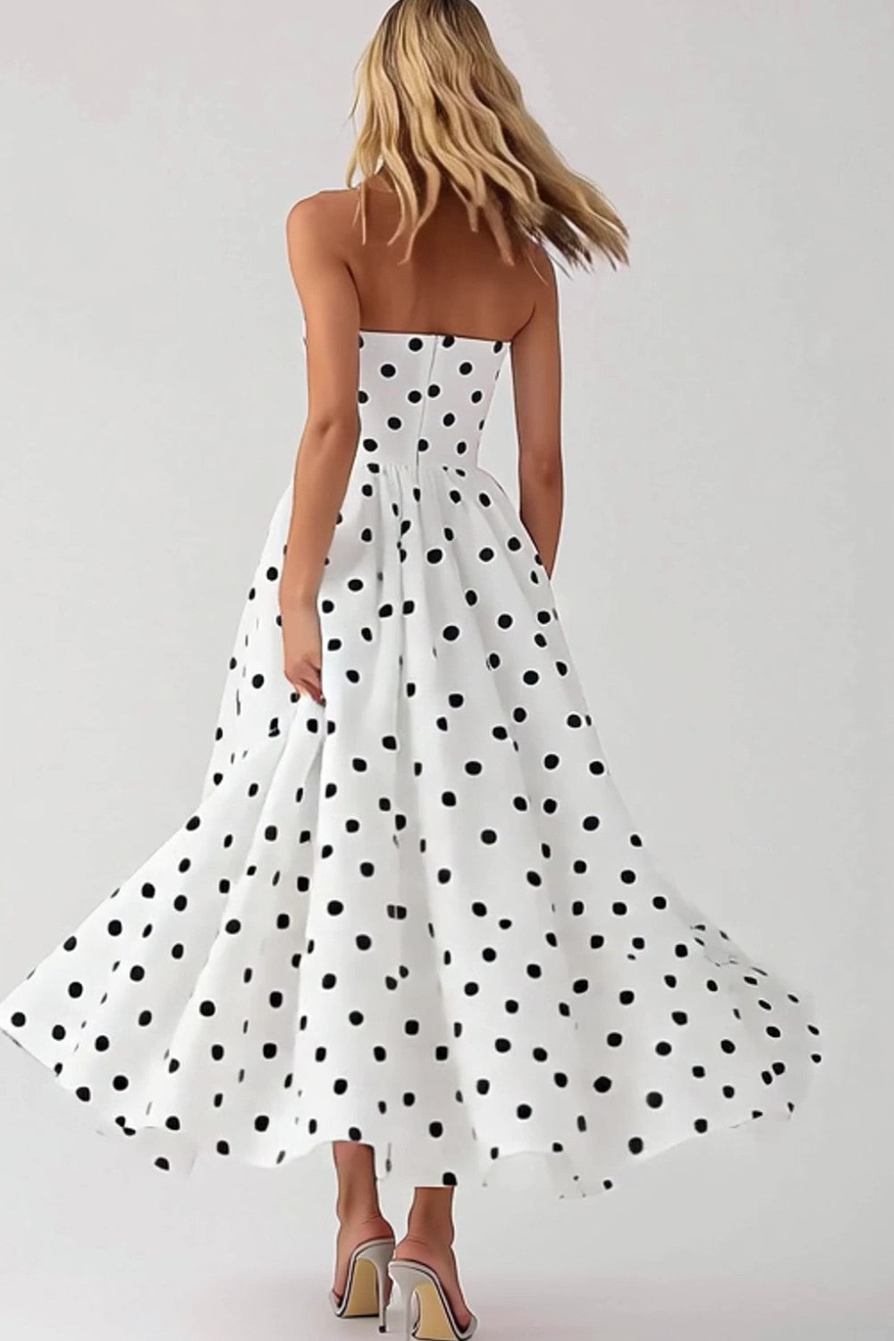 A Line Strapless White Black Dot Midi Graduation Dress