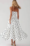 A Line Strapless White Black Dot Midi Graduation Dress