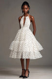 Halter Polka Dot A Line Keyhole White Graduation Dress