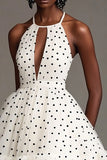 Halter Polka Dot A Line Keyhole White Graduation Dress