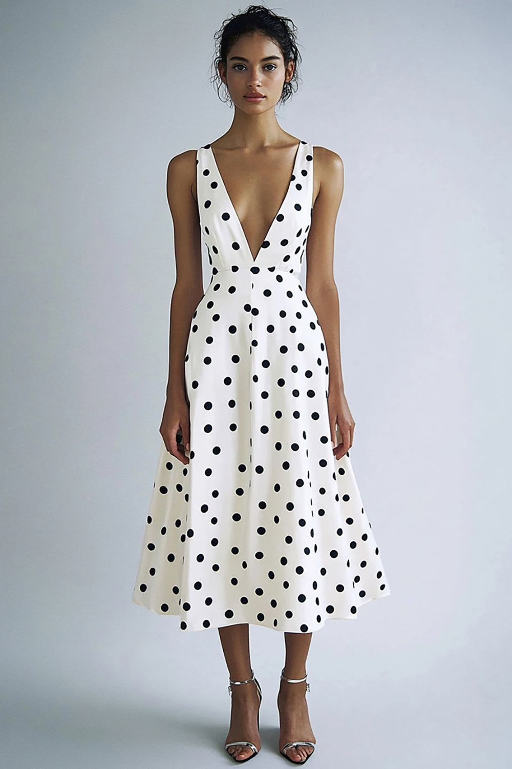 Simple A Line V Neck White Black Dot Graduation Dress