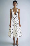 Simple A Line V Neck White Black Dot Graduation Dress