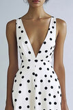 Simple A Line V Neck White Black Dot Graduation Dress