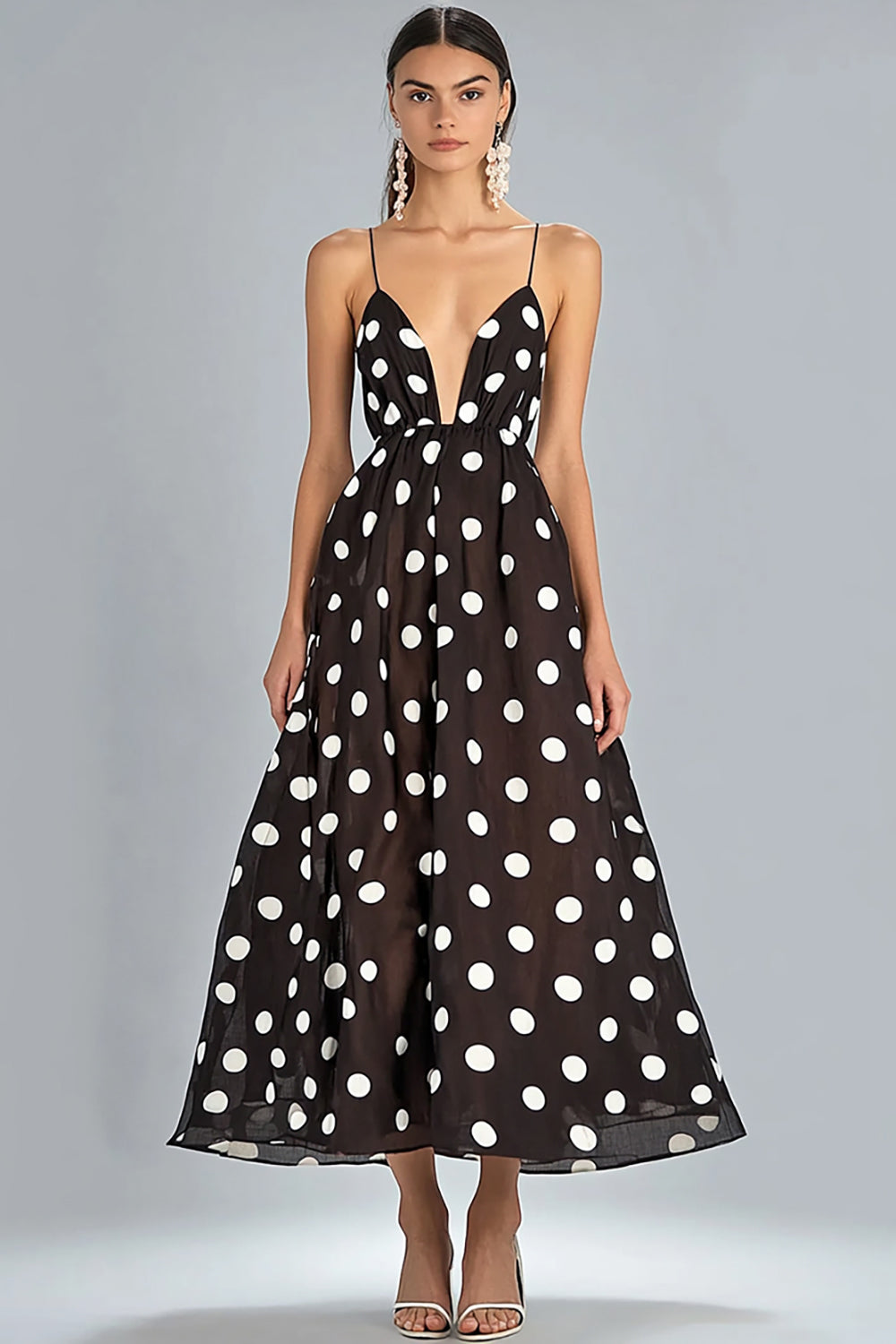 Coffee A Line Spaghetti Straps White Polka Dots Dress
