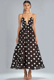 Coffee A Line Spaghetti Straps White Polka Dots Dress