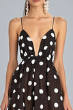 Coffee A Line Spaghetti Straps White Polka Dots Dress