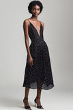 Black A Line Spaghetti Straps White Polka Dots Dress