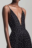 Black A Line Spaghetti Straps White Polka Dots Dress