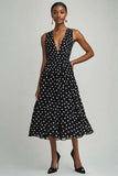 Black A Line V Neck Long White Polka Dots Dress