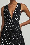 Black A Line V Neck Long White Polka Dots Dress