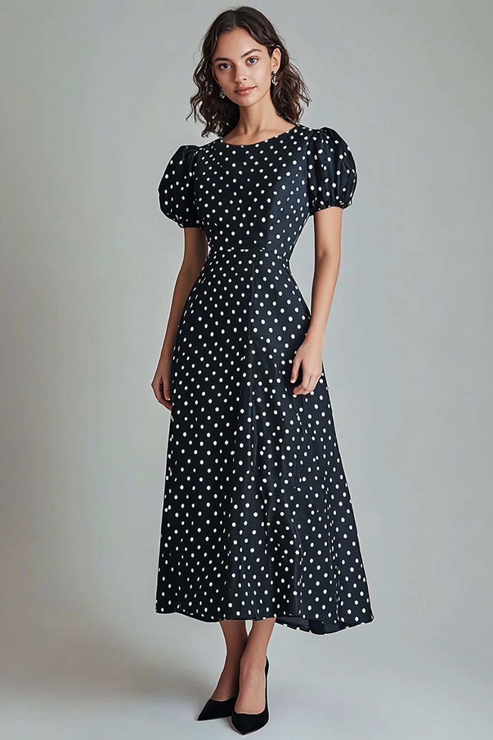 Black A Line Midi White Polka Dots Dress with Puff Sleeves
