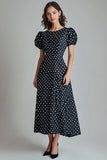 Black A Line Midi White Polka Dots Dress with Puff Sleeves