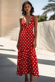 Red A Line Spaghetti Straps Long White Polka Dots Dress
