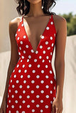 Red A Line Spaghetti Straps Long White Polka Dots Dress