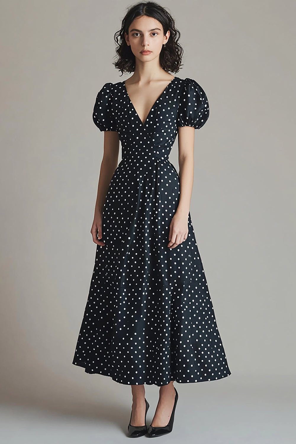 Black A Line V Neck Long White Polka Dots Dress with Puff Sleeves