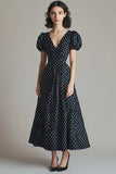 Black A Line V Neck Long White Polka Dots Dress with Puff Sleeves