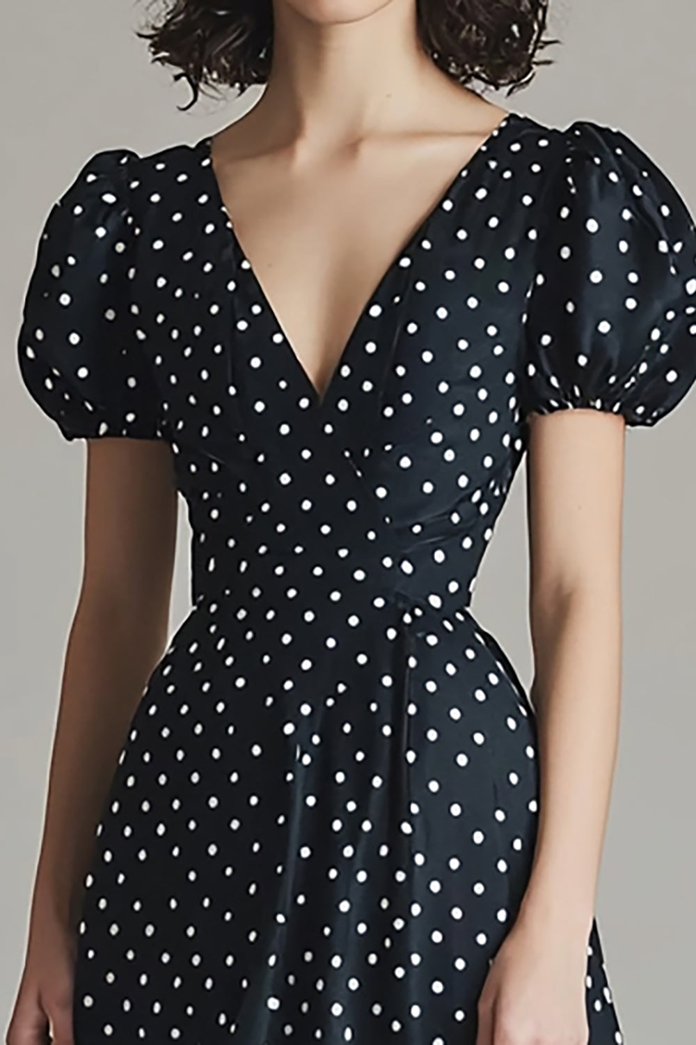 Black A Line V Neck Long White Polka Dots Dress with Puff Sleeves