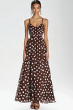 Coffee A Line Spaghetti Straps Long White Polka Dots Dress