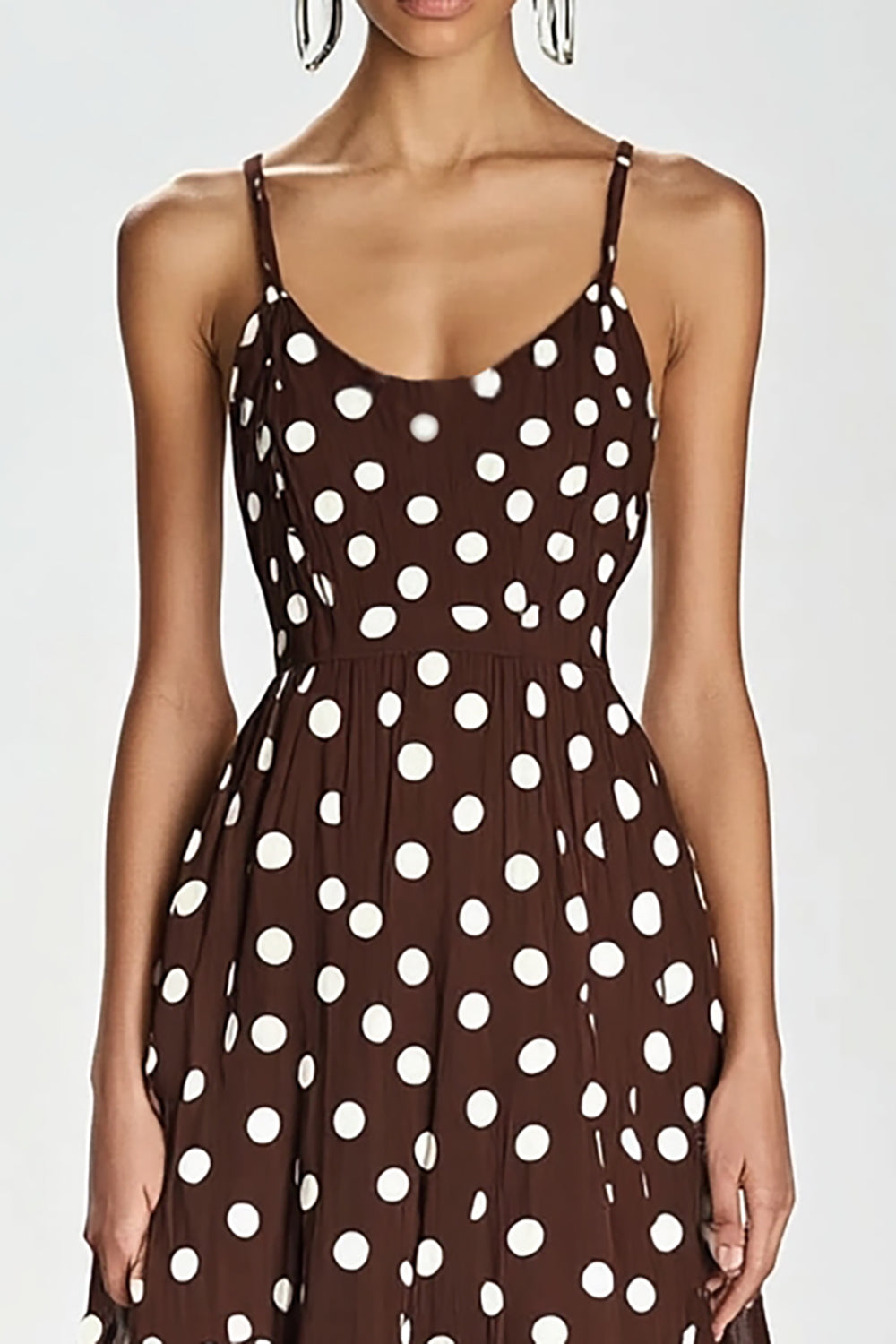 Coffee A Line Spaghetti Straps Long White Polka Dots Dress